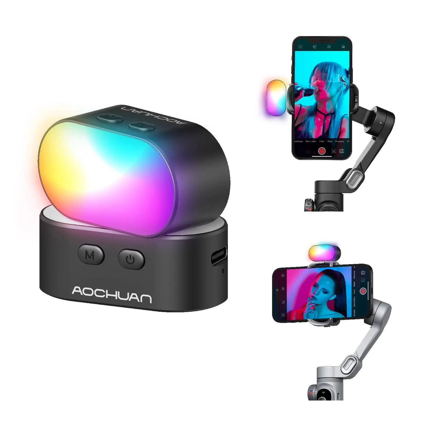  AOCHUAN RGB Magnetic Fill Light for Gimbal – LED Video Photography Light with 3 Brightness Levels & 7 Color Adjustments