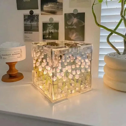 DIY Tulip Flower Sea Cube Night Lamp Kit – Creative 3D Light for Couples and Girlfriends