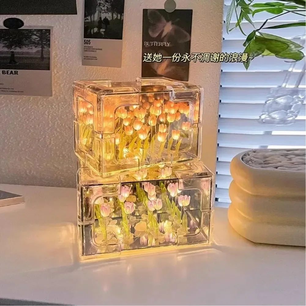 DIY Tulip Flower Sea Cube Night Lamp Kit – Creative 3D Light for Couples and Girlfriends