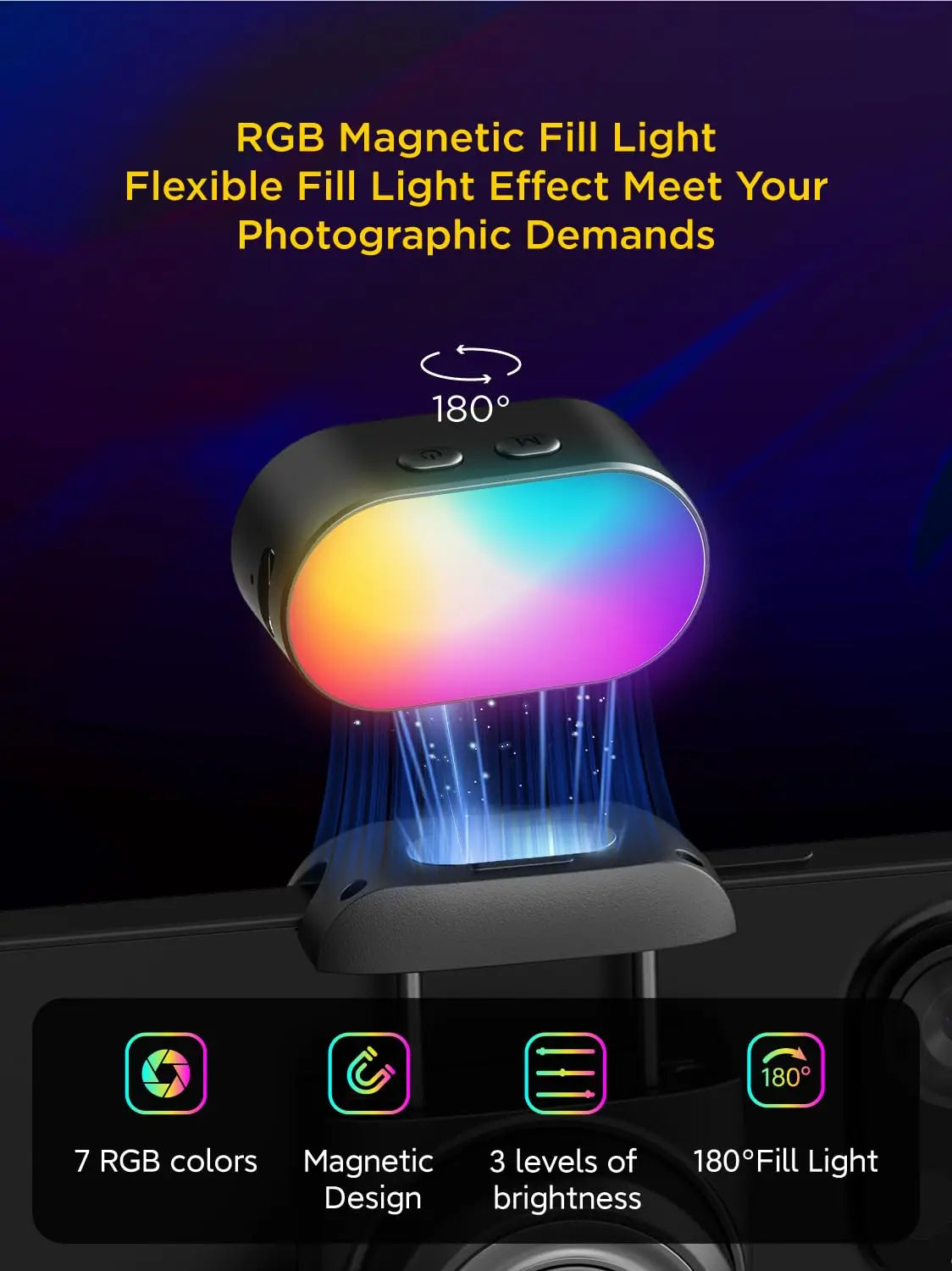  AOCHUAN RGB Magnetic Fill Light for Gimbal – LED Video Photography Light with 3 Brightness Levels & 7 Color Adjustments